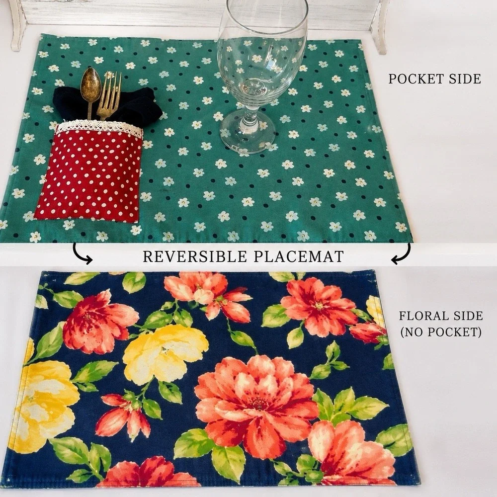 Set of 6 Reversible Placemats with Silverware Pockets + 4 Coordinating Napkins